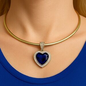 Vintage 14kt Gold Plated Omega Chain Choker Blue Heart Titanic Style Pendant